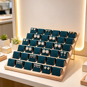 Plateau de présentation de bijoux en bois rectangulaire portable multi-compartiments en gros, support en velours pour cartes à bijoux, boucles d'oreilles, clous d'oreilles et pendantes pour boutique - Product Image 6