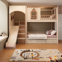 Lit superposé en bois massif JS Modern Kids House avec toboggan, armoire avec rangement et bibliothèque intégrée, tiroirs pour chambre d'enfant