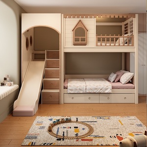 Lit superposé en bois massif JS Modern Kids House avec toboggan, armoire avec rangement et bibliothèque intégrée, tiroirs pour <span class=keywords><strong>chambre</strong></span> d'enfant - Product Image 2