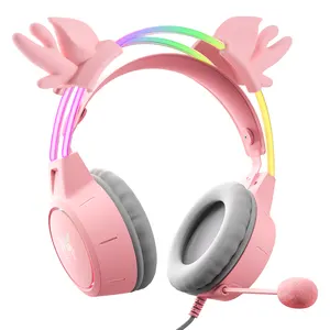 Fone de ouvido para jogos com fio de 3,5 mm com controle de volume de microfone LED luz sobre a orelha fone de ouvido para computador estilo desenho animado