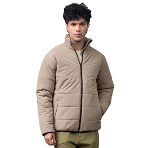 Chaqueta Acolchada para Hombre, Color Bronceado, Cuello Alto, Cierre de Cremallera, Color Sólido, Informal, Resistente al Viento, para Invierno, Relleno de Poliéster, Corte Regular - Product Image 3