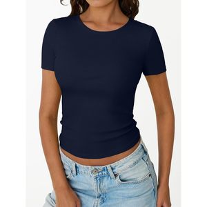 <b>Women's</b> Crewneck Ribbed Knit Fitted T-Shirt Regular Spandex Cotton Breathable Top - Product Image 2
