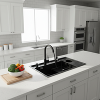 Évier de cuisine double moderne fait main en acier inoxydable 304 noir nano avec robinet intelligent multifonction - Grande Vente