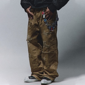 Pantalones al por mayor con efecto desgastado, 100% algodón, lona de alta calidad, corte holgado, clásicos, con efecto de gran desgaste, con remaches y doble rodilla. - Product Image 2