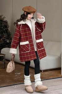 Hiver Filles Rouge Long Plaid 100% Polyester <span class=keywords><strong>Vero</strong></span> <span class=keywords><strong>Moda</strong></span> Coat Fashionable Warm Christmas Vibe Button - Product Image 2