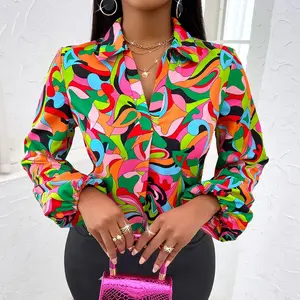 Spring Summer Trendy Ladies Print Long Sleeve Shirts Tops Slim Blouses Elegant Casual Women Blouse