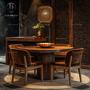 Set di Arredamento per Ristorante e Caffetteria: Tavolo Rotondo in Legno Marrone Scuro con 4 Sedie in Legno Marrone Scuro e Cuscini in Velluto per Bar - Product Image 1
