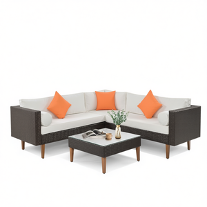 Conjunto de Muebles de Jardín de Mimbre en Forma de L para 4 Personas, Cojines Grises, Ratán Negro, Resistente a la Intemperie, Diseño Contemporáneo - Product Image 1