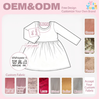 Robe évasée à manches longues pour petites filles, taille froncée, couleur unie, col rond, coupe ample, ourlet droit, OEM ODM