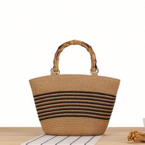 Sac fourre-tout d'été en paille tressée avec poignée en bambou et rayures contrastées pour femme - Vente en gros - Product Image 2