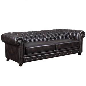 Juego de Sofás de Dos Plazas Estilo Clásico Europeo, Muebles de Cuero PU Genuino con Estructura de Madera Sólida, Sofá Chesterfield - Product Image 3