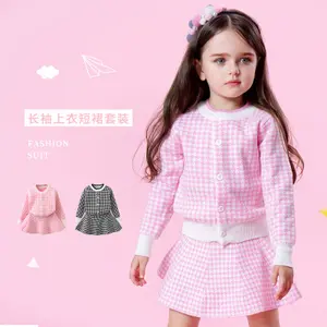 Conjunto de punto de pata de gallo para niñas, a cuadros en blanco y negro, suéter de manga larga coreano, cárdigan, falda, conjunto de 2 piezas 2019