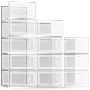 12 Packs Grey, Clear Plastic Stackable Shoe Storage Bins with Drawers & Lids, Under Bed Shoe Storage Containers