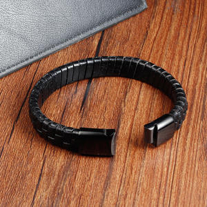 Desain baru kualitas tinggi perhiasan pria mewah gesper magnetik dikepang antik gelang kulit kancing hitam pria - Product Image 4