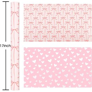 Burymento Pink Bow Wrapping Paper 17 In X 32.8 Ft Reversible Art Paper For Baby Shower Birthday Valentines Mothers Day - Product Image 6