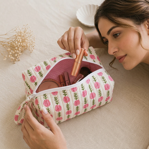 100% Pure Cotton Quilted Makeup <b>Bag</b> Custom Logo Cosmetic Pouch Travel Toiletry <b>Bag</b> Floral Printed Zipper Cosmetic Organizer Gift - Product Image 1