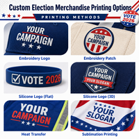 Ensemble de produits promotionnels personnalisés pour campagnes électorales et événements : tente, drapeau, bannière, vêtements, sac fourre-tout, tasse, bouteille, ventilateur, masque, cadeaux