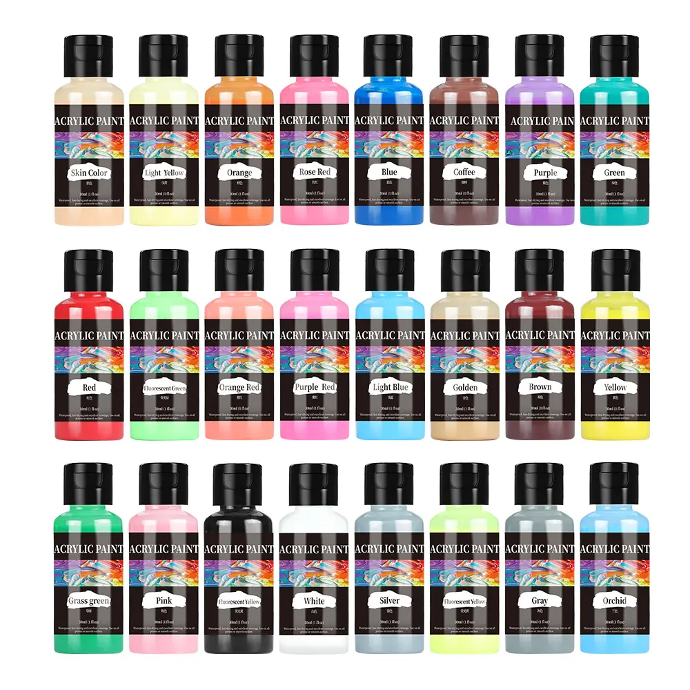 Conjunto de pintura água na caixa Color Set Fácil de usar para prancha de surf e madeira Tinta De Vidro Chian Tinta Acrílica Colorida 30ml 24 cores 1