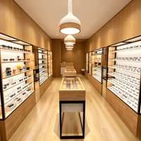 Meuble de présentation optique en bois clair pour lunettes, avec cadre en métal noir, pour présentoir mural, îlot ou table, idéal pour lunettes de soleil et montures de myopie