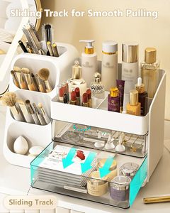 Bathroom Vanity Countertop Makeup Organizer Cosmetic <b>Storage</b> <b>Box</b> with 4 <b>Drawer</b> for Dresser Rotating Clear Skin Care Display Rack - Product Image 3