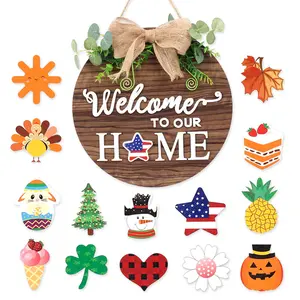 Rustic Round Wood Wreaths Wall Hanging Outdoor Interchangeable Seasonal Welcome Sign for All Seasons Holiday Halloween Christmas