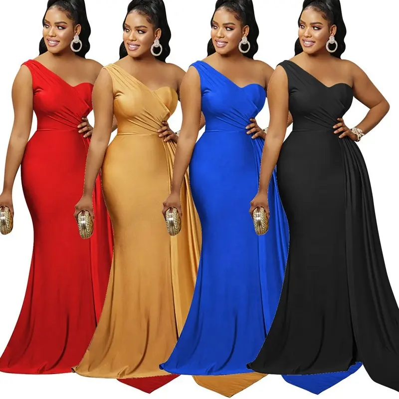 Y304015 Women's Dress Summer Fashion Party Party Evening Dress Solid Color Tight One Shoulder Sleeve Long Skirt Dress