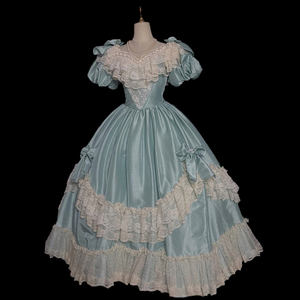 Robe de soirée de mariage vintage moderne <span class=keywords><strong>grande</strong></span> <span class=keywords><strong>taille</strong></span> en satin bleu princesse avec grand nœud rose, fleur blanche, col bateau, manches courtes et perles - Product Image 1