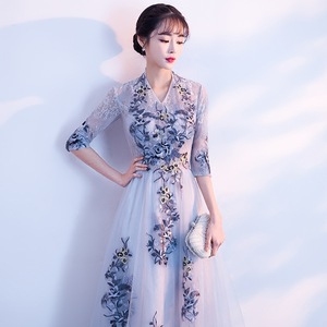 Elegant Evening Gown V-Neck A-Line Chiffon Floral Print Long Dress For Banquet Coming Of Age Ceremony Performance Hostess - Product Image 3