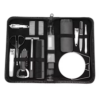 Kit de toilettage JM pour hommes, outils de soin personnels, peigne, brosse, kit de rasage, kit de soin des ongles en acier inoxydable, dans un sac noir, pour la maison, les voyages, les situations d'urgence