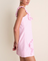 Robe courte rose asymétrique pour femme avec appliques florales 3D, coupe trapèze, sans manches, tissée, pour invitée de mariage printemps-automne