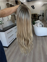 Perruque Lace Front 100% Cheveux Européens Naturels, Lace Top, Racine Brun Moyen Effet Fondant avec Mèches Blondes, Nœuds Simples Invisibles, pour Femmes Souffrant de Perte de Cheveux