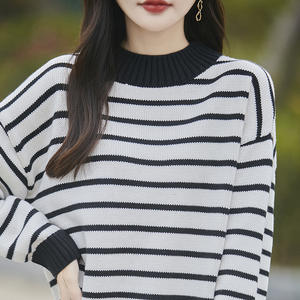 Suéter de punto grueso con cuello simulado y rayas para mujer, manga larga, transpirable, informal - Product Image 5