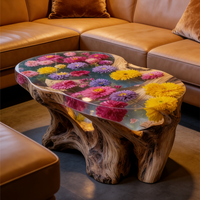 Table basse en bois naturel à bord vif, faite à la main, de luxe, avec résine époxy, fleurs séchées, art moderne, meuble de salon