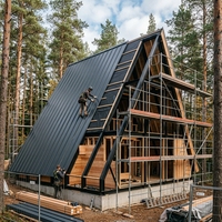 Maison préfabriquée triangulaire moderne avec façade vitrée, cabane modulaire pour projet de camping en forêt et de retraite naturelle