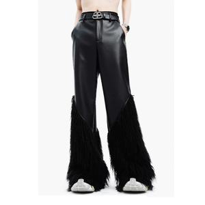 กางเกงหนังมอเตอร์ไซค์สีดำแฟชั่นใหม่สั่งทำขายส่งสำหรับผู้ชาย สไตล์ไฮสตรีท แต่งพู่และลายปะติด - Product Image 1