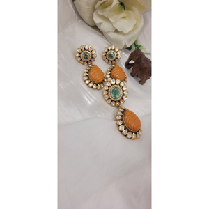 Natural Kundan Polki (uncut or glass stones) arranged in intricate floral patterns <b>emerald</b> green cabochon Wedding Jewelry set - Product Image 1