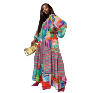 Abito Lungo Casual Autunnale alla Moda con Scollo a V e Stampa Unica per Donna - Product Image 1