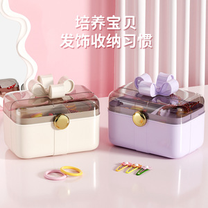 กล่องใส่เครื่องประดับผมแบบสองชั้นพร้อมฝาปิดและลิ้นชักสำหรับเด็กผู้หญิง จัดเก็บบนโต๊ะ สีชมพู ขาว ม่วง สีสุ่ม - Product Image 1