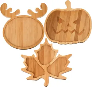 3 pieces bamboo serving plate Bamboo cheese board Maple Leaf cheese tray antler pumpkin shaped plate Christmas wooden plate