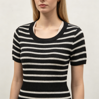Robe pull slim en maille à rayures noires mi-longue à manches courtes pour femme, qualité supérieure, fabrication OEM & ODM Vanessa, vente en gros