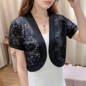 เสื้อคลุมคาร์ดิแกนผู้หญิงแบบสั้น แขนสั้น คอปกติดกระดุม ลายลูกไม้ฉลุลายดอกไม้ เปิดด้านหน้า ยี่ห้อ FindThy - Product Image 3