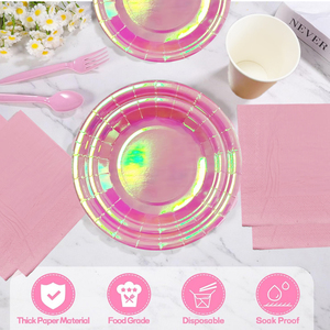 Assiettes en papier d'<span class=keywords><strong>anniversaire</strong></span> en gros, fournitures <span class=keywords><strong>de</strong></span> fête, serviettes en papier doux, ensembles <span class=keywords><strong>de</strong></span> vaisselle jetables en feuille holographique rose - Product Image 3