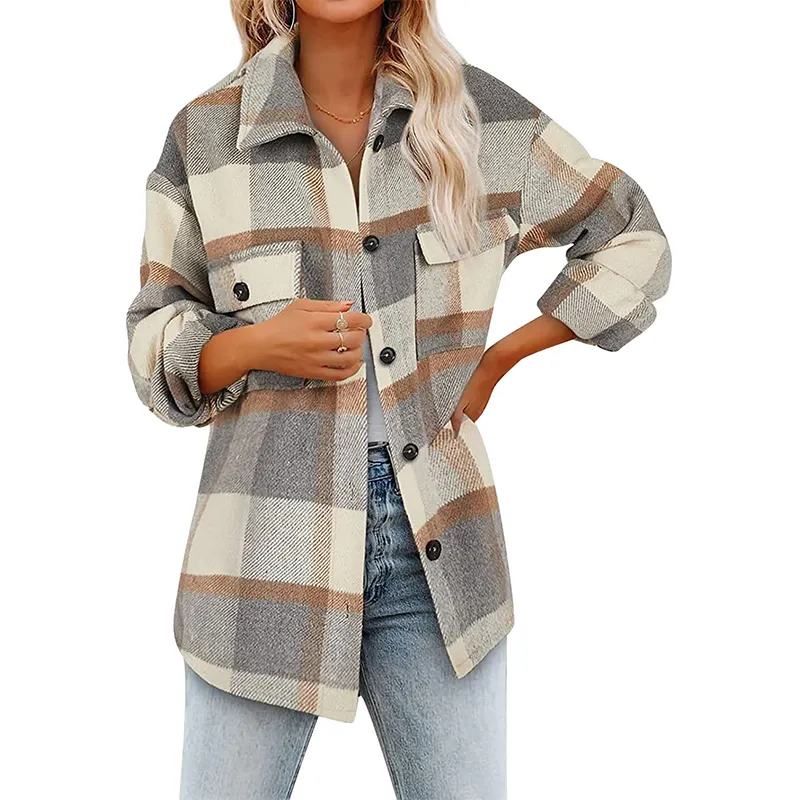 New Style Women'S Blouses Shirts Plaid Tops Plaid Jackets Flannel Plaid Shacket