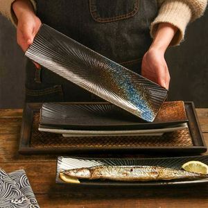 Japanese <b>Ceramic</b> <b>Plate</b> High Temp Underglaze Color Retro Rectangular Sushi Dessert Baking <b>Plate</b> - Product Image 2