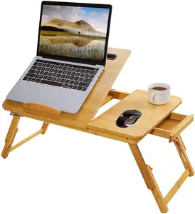 竹制笔记本电脑桌可调节便携式早餐供应床托盘多功能桌，带倾斜顶部储物抽屉