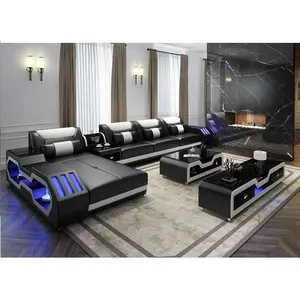 2022 factory hot sale genuine leather living room sofa with LED light and USB speaker