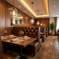 Ensemble de sièges de restaurant sur mesure, mobilier de café en cuir commercial, canapé Chesterfield capitonné en forme de L pour hôtel, café
