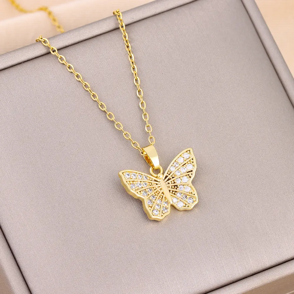 Not Fade Stainless Steel Butterfly Pendant Necklace Women 18K Gold Plated Butterfly Diamond Necklace Jewelry