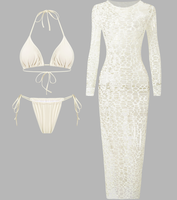 Nouveau STOCK 2 couleurs Ensemble de maillot de bain 3 pièces tendance pour femme sexy avec paréo long en maille