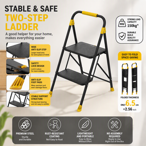 Échelle à deux marches, design compact et pliable, acier à faible teneur en carbone, norme européenne CE certifiée, échelle domestique - Product Image 1